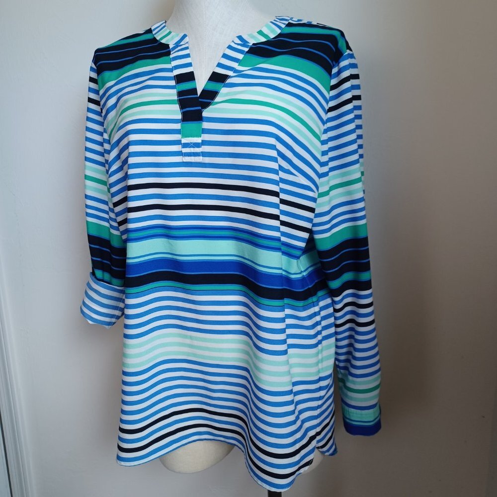 Talbots Blouse Stripe Roll Tab Sleeve Tunic Length Size Large - Picture 10 of 16